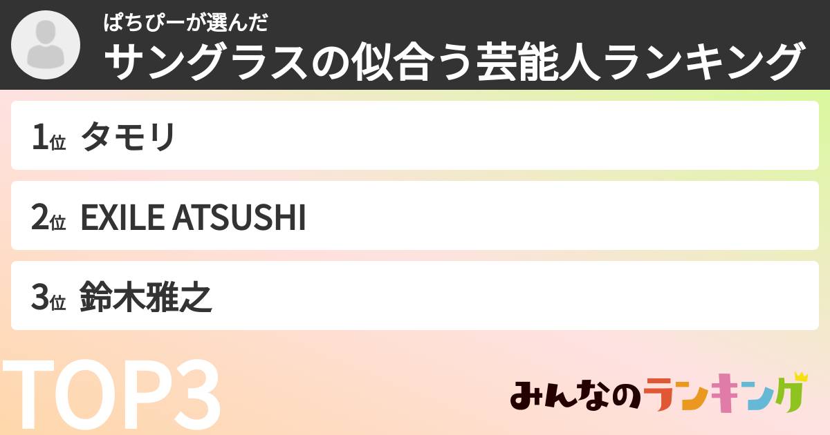 ぱちぴーさんの「サングラスの似合う芸能人ランキング」