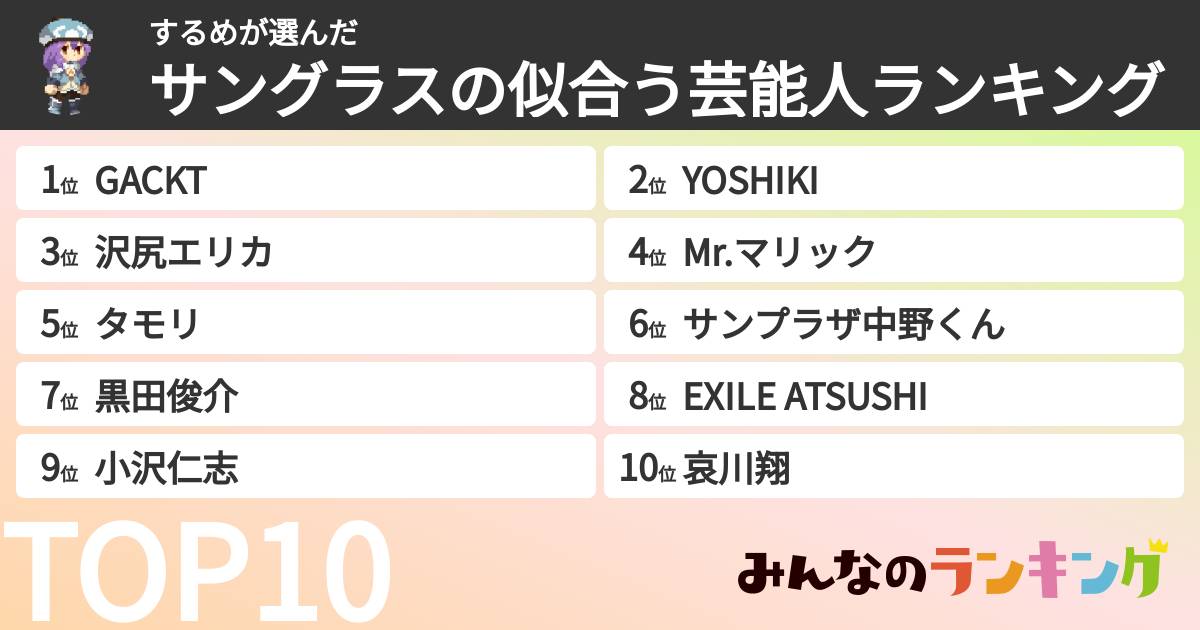 するめさんの「サングラスの似合う芸能人ランキング」