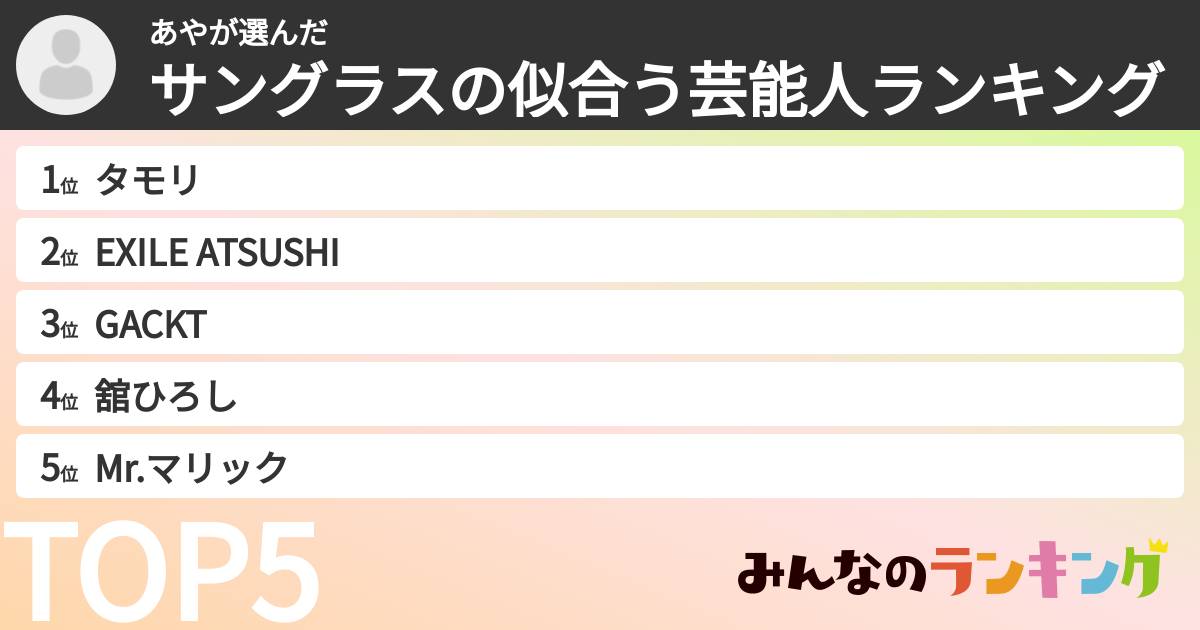 あやさんの「サングラスの似合う芸能人ランキング」