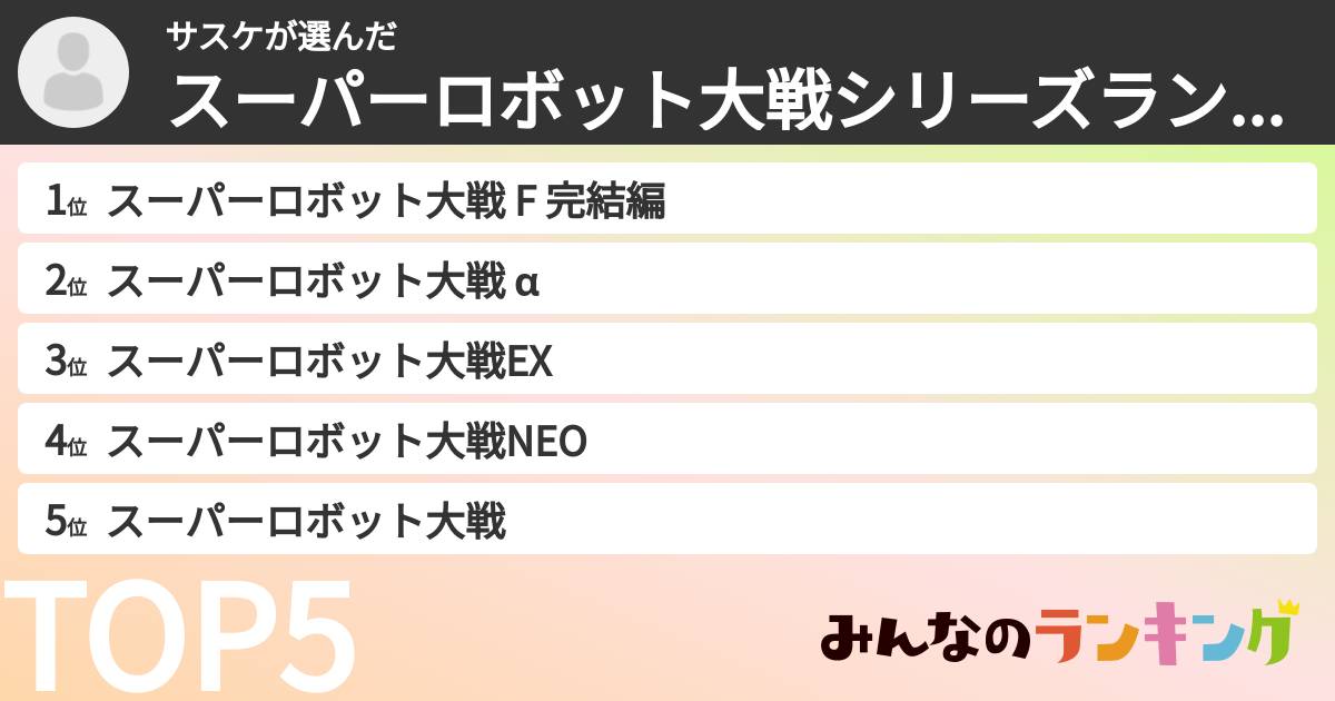 サスケさんの「スーパーロボット大戦シリーズランキング」