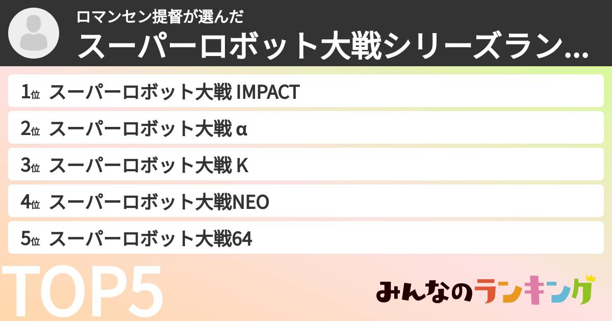 ロマンセン提督さんの「スーパーロボット大戦シリーズランキング」