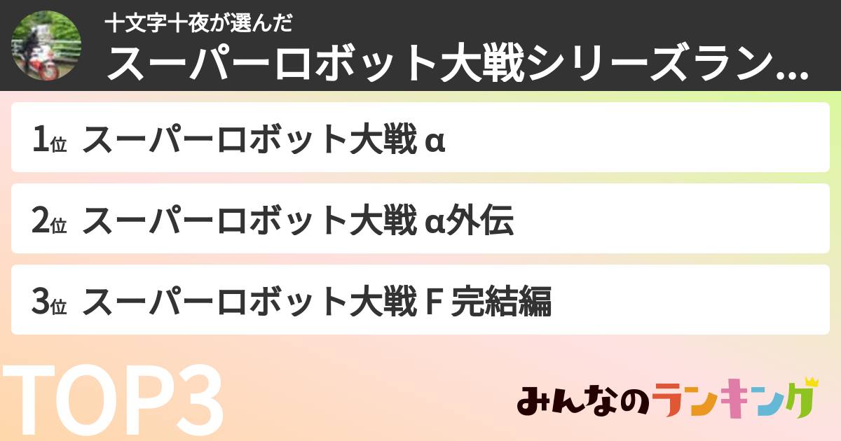 十文字十夜さんの「スーパーロボット大戦シリーズランキング」