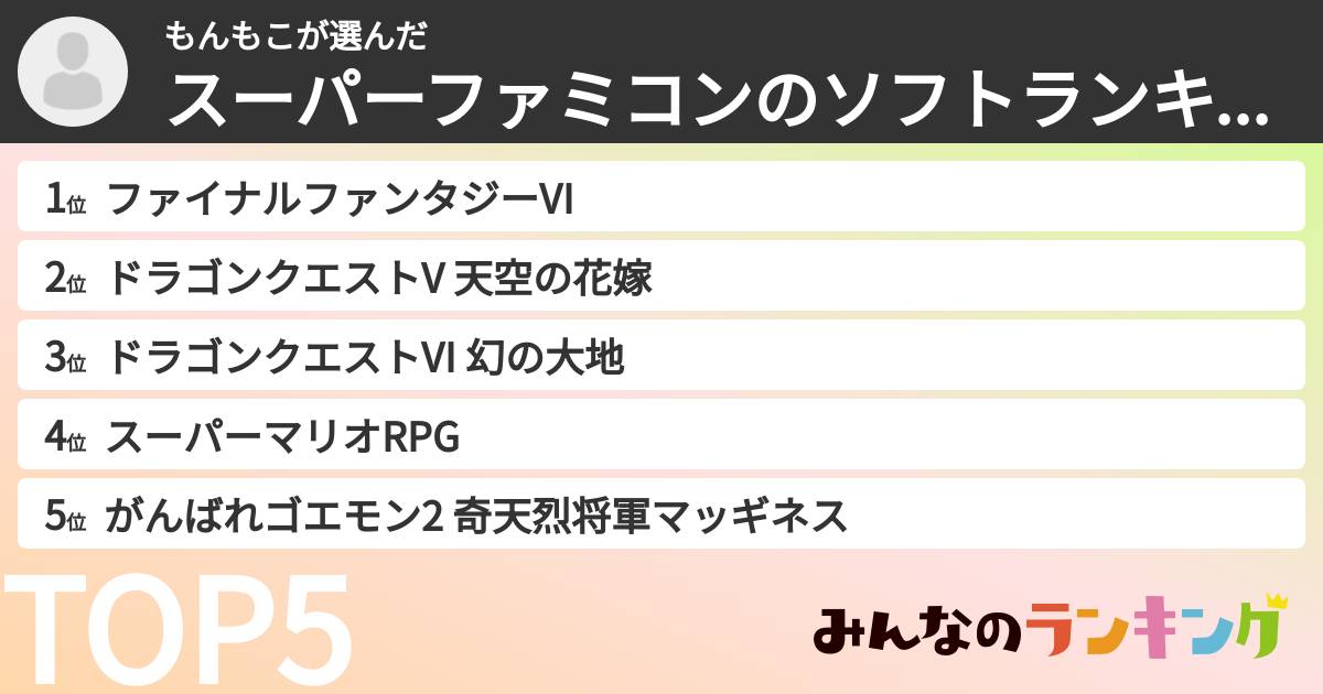 もんもこさんの「スーパーファミコンのソフトランキング」