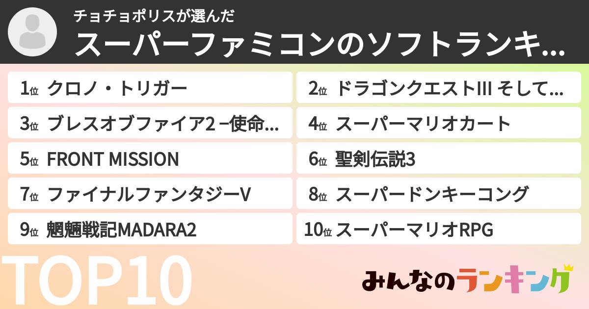 チョチョポリスさんの「スーパーファミコンのソフトランキング」