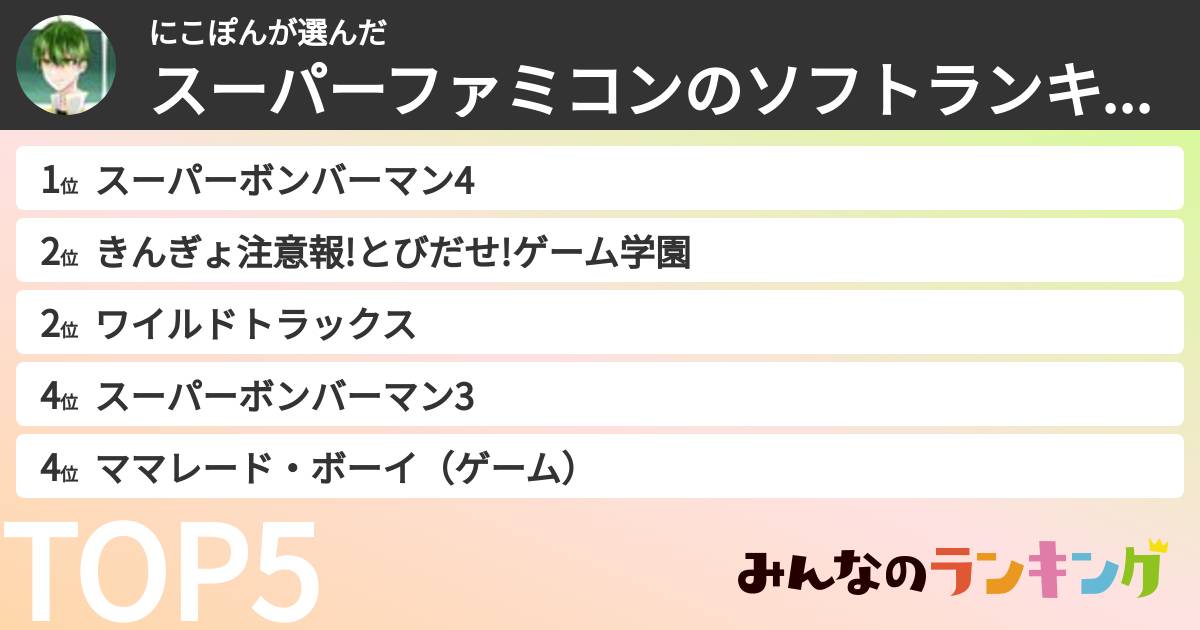 にこぽんさんの「スーパーファミコンのソフトランキング」