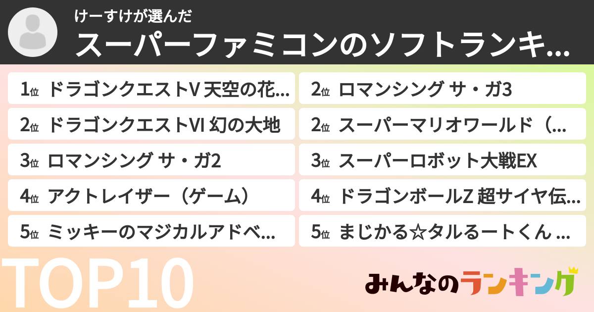 けーすけさんの「スーパーファミコンのソフトランキング」