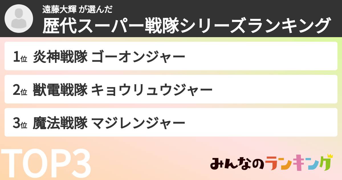 遠藤大輝 さんの「歴代スーパー戦隊シリーズランキング」