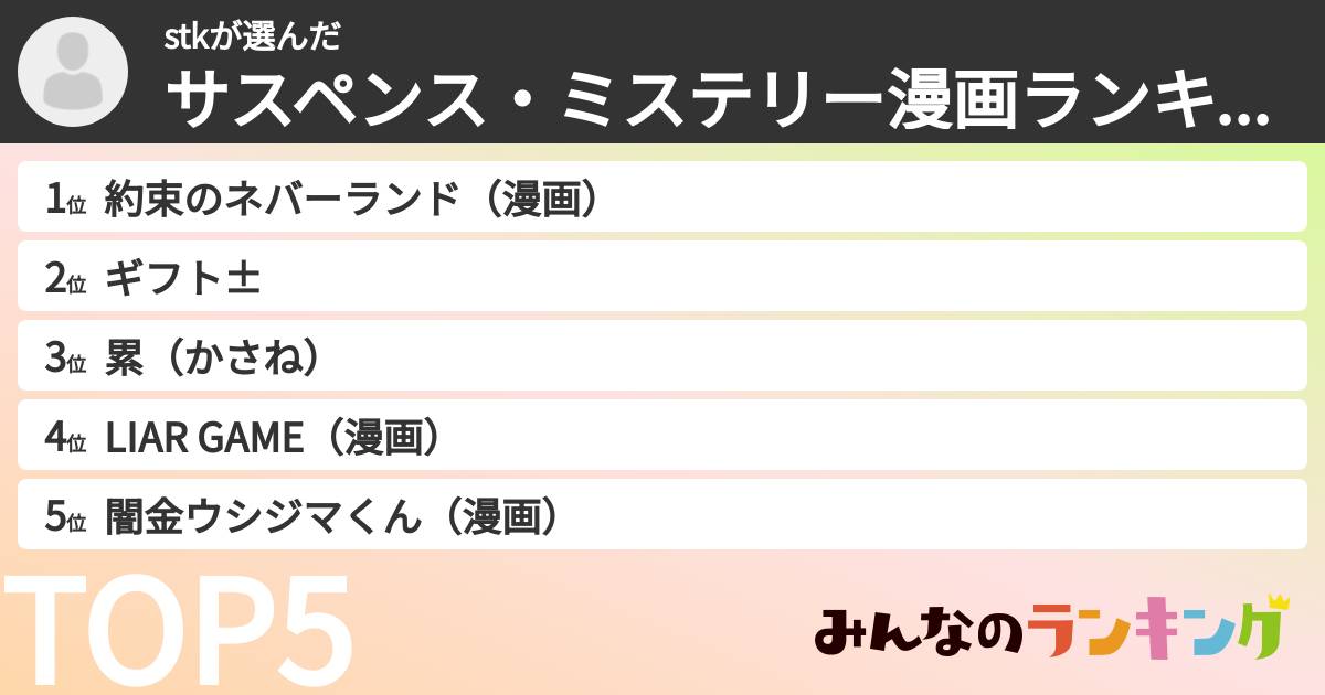stkさんの「サスペンス・ミステリー漫画ランキング」