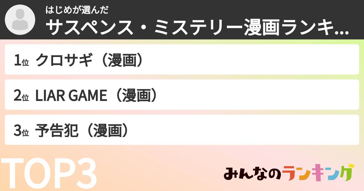 はじめさんの「サスペンス・ミステリー漫画ランキング」