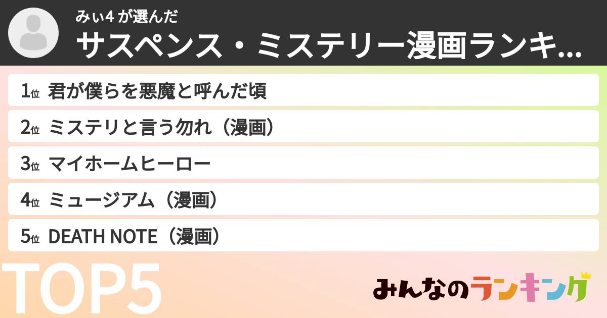 みぃ4 さんの「サスペンス・ミステリー漫画ランキング」