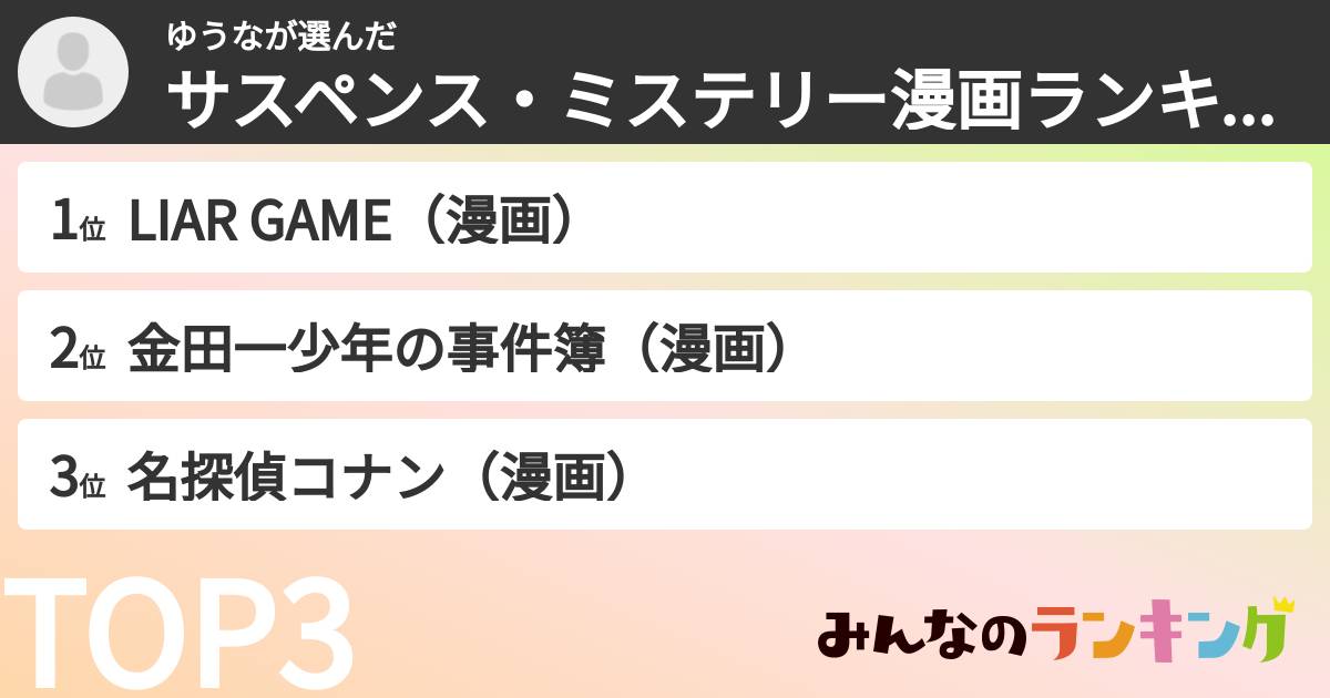 ゆうなさんの「サスペンス・ミステリー漫画ランキング」