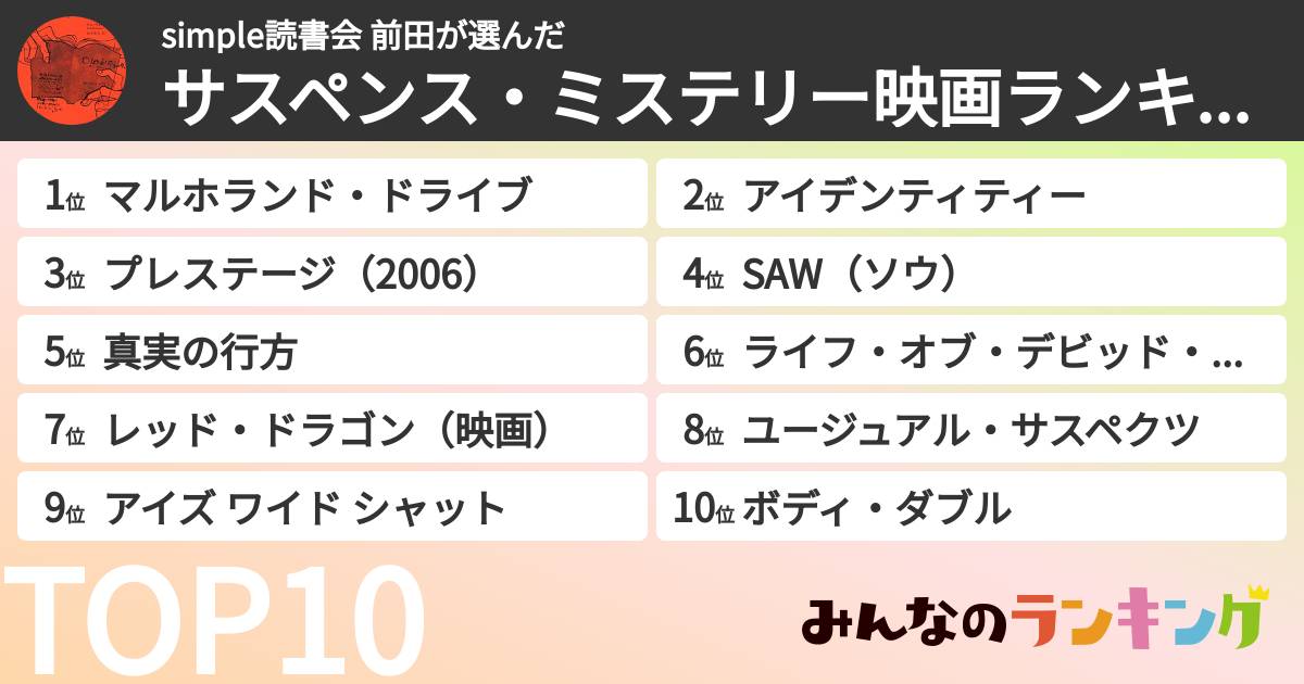 simple読書会 前田さんの「サスペンス・ミステリー映画ランキング」
