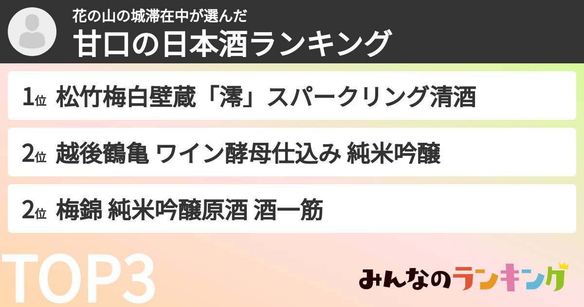 花の山の城滞在中さんの「甘口の日本酒ランキング」