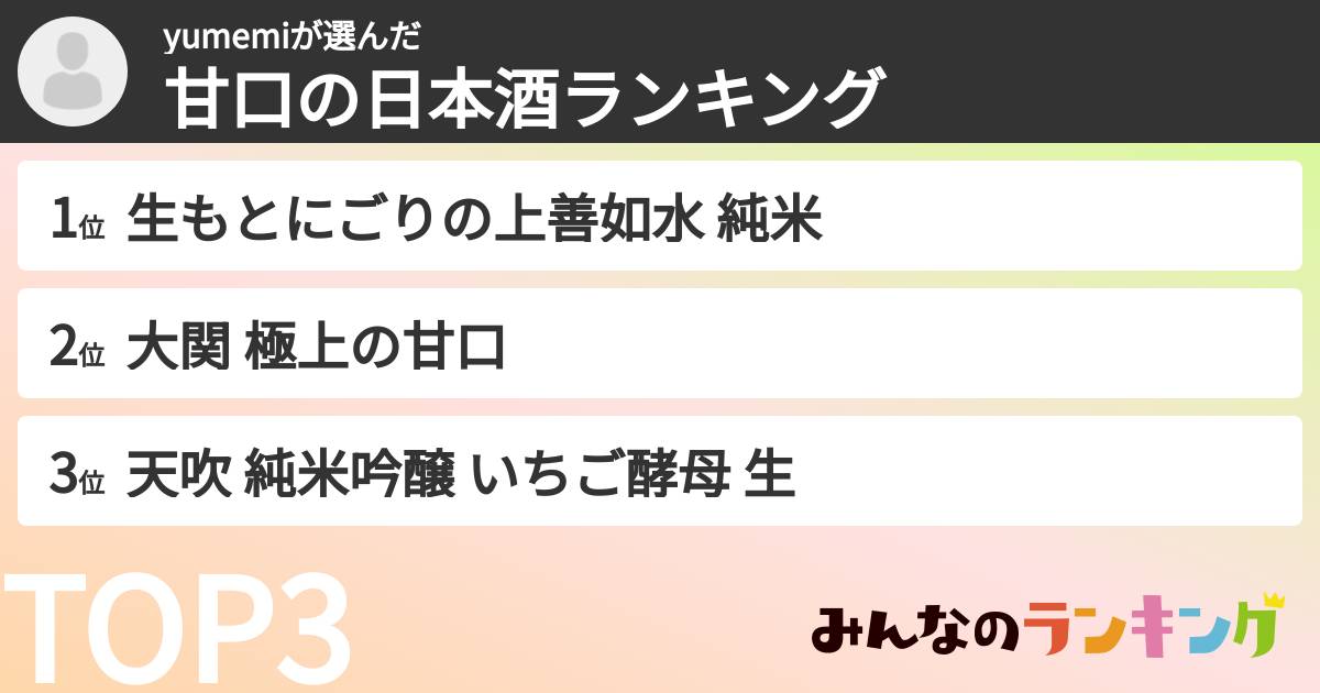 yumemiさんの「甘口の日本酒ランキング」