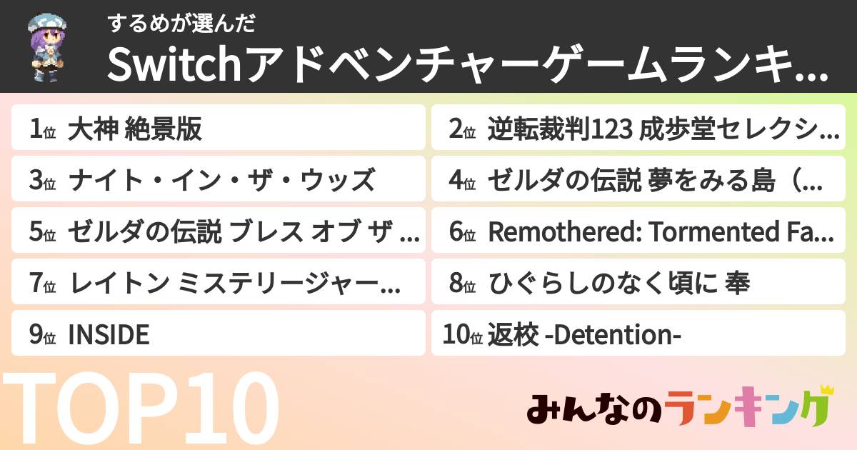 するめさんの「Switchアドベンチャーゲームランキング」