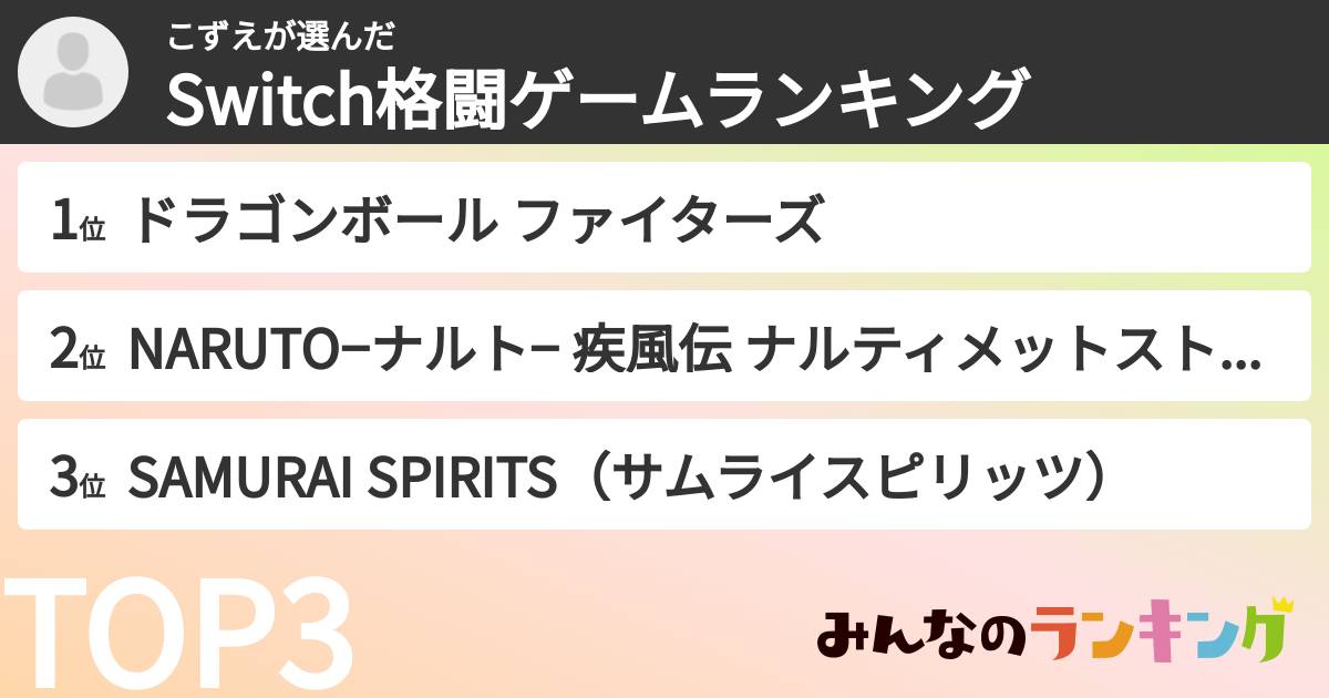 こずえさんの「Switch格闘ゲームランキング」