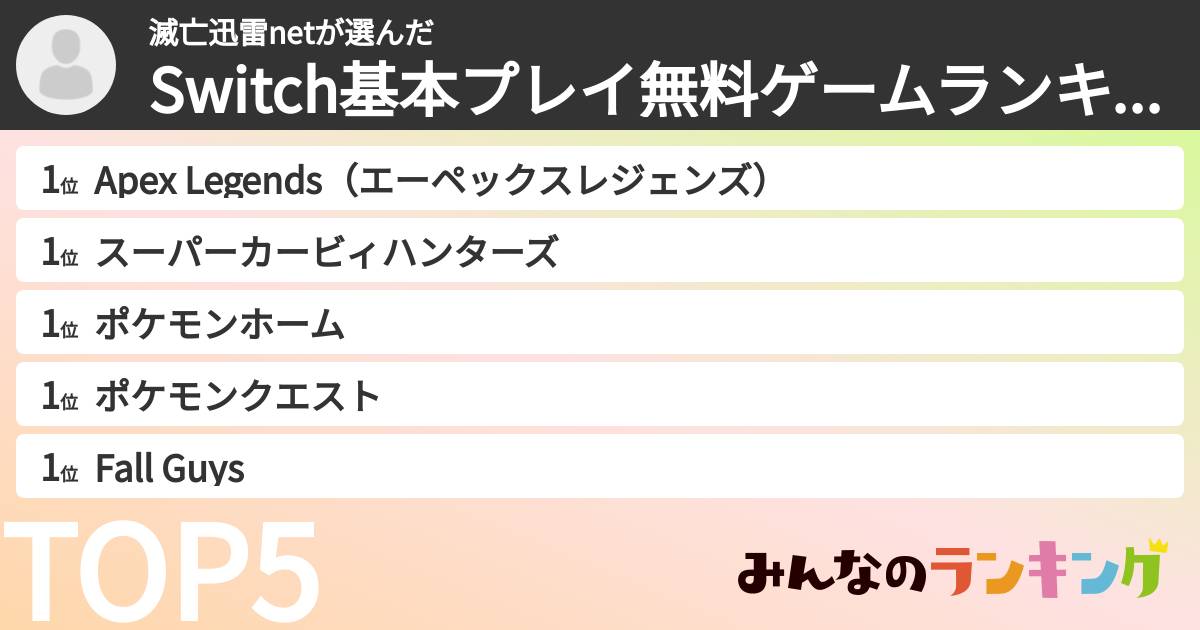 滅亡迅雷netさんの「Switch基本プレイ無料ゲームランキング」