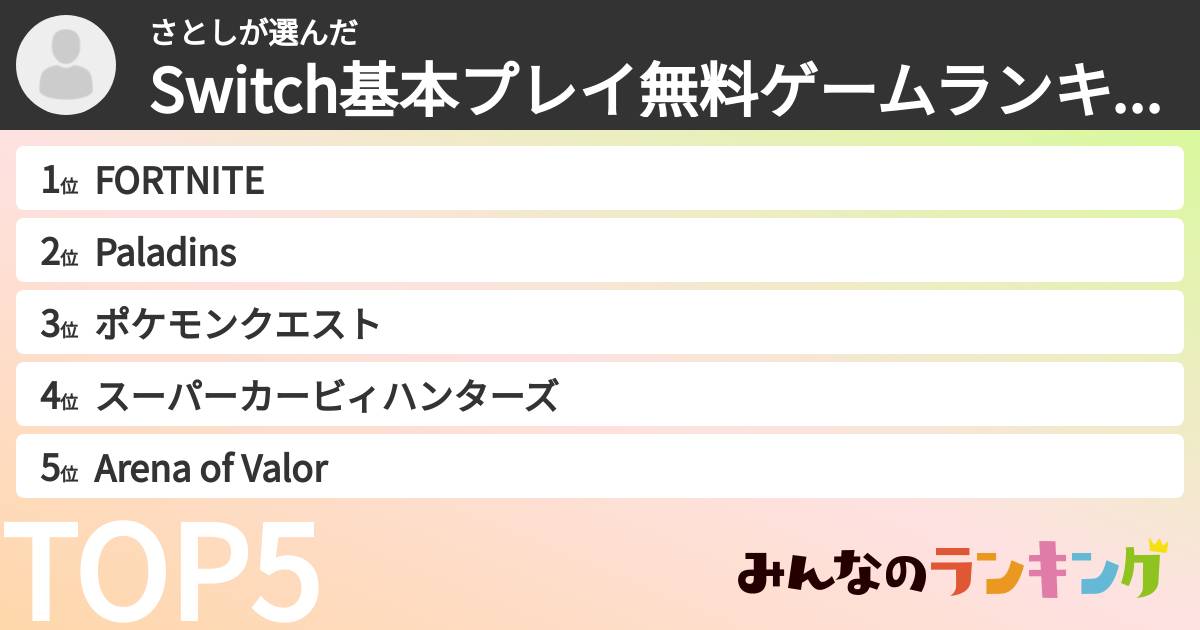 さとしさんの「Switch基本プレイ無料ゲームランキング」