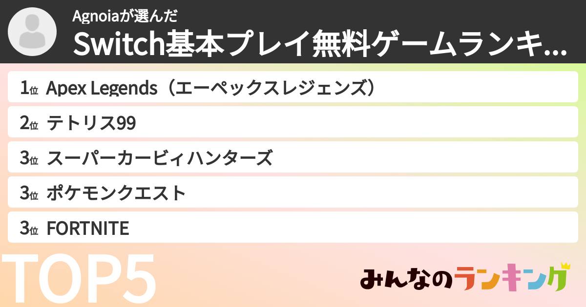 Agnoiaさんの「Switch基本プレイ無料ゲームランキング」