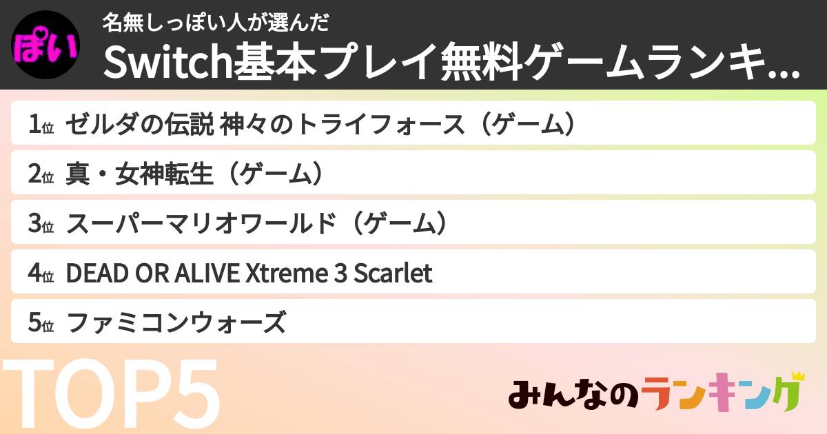 名無しっぽい人さんの「Switch基本プレイ無料ゲームランキング」