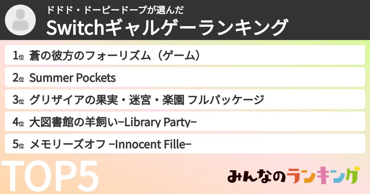 ドドド・ドーピードープさんの「Switchギャルゲーランキング」