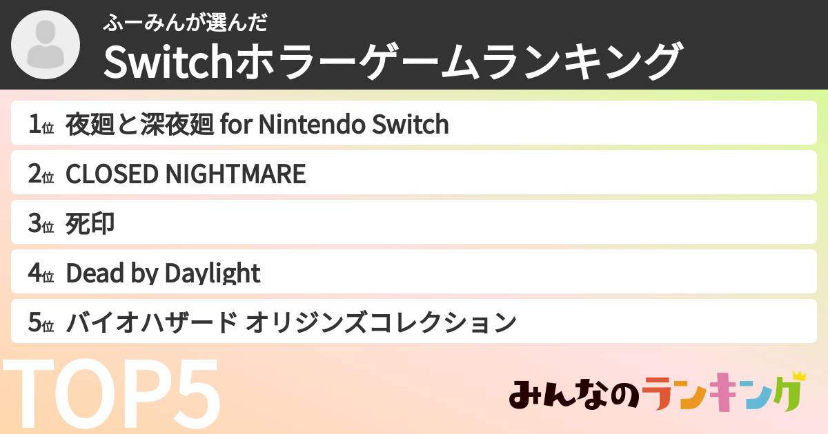 ふーみんさんの「Switchホラーゲームランキング」