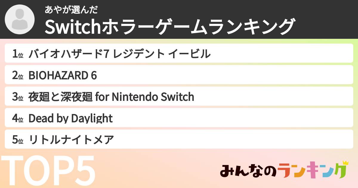 あやさんの「Switchホラーゲームランキング」