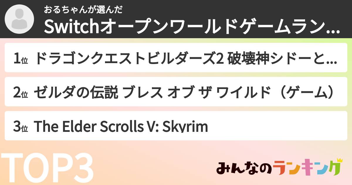 おるちゃんさんの「Switchオープンワールドゲームランキング」