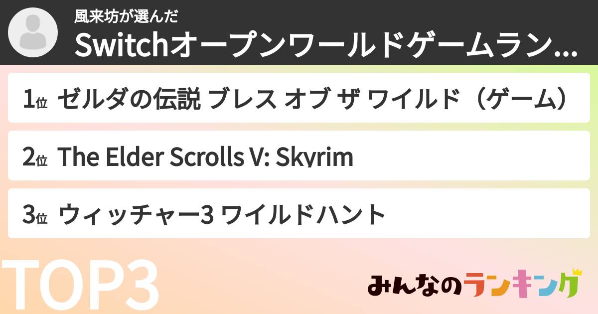 風来坊さんの「Switchオープンワールドゲームランキング」
