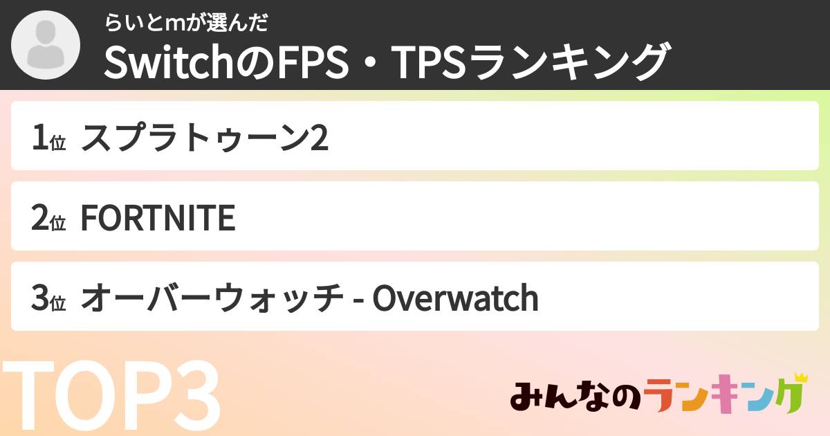らいとｍさんの「SwitchのFPS・TPSランキング」