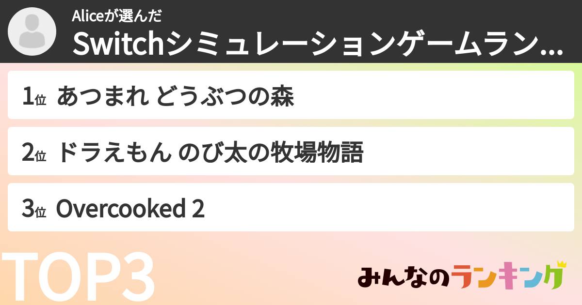 Aliceさんの「Switchシミュレーションゲームランキング」