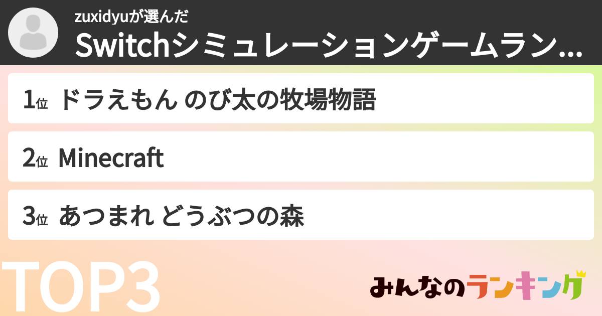 zuxidyuさんの「Switchシミュレーションゲームランキング」