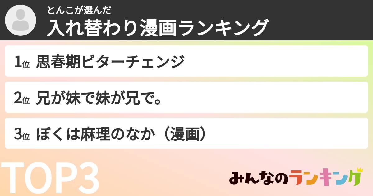 とんこさんの「入れ替わり漫画ランキング」