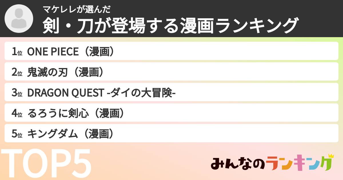 マケレレさんの「剣・刀が登場する漫画ランキング」