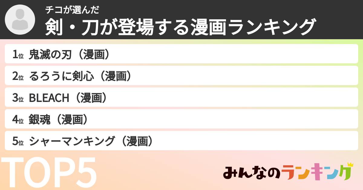 チコさんの「剣・刀が登場する漫画ランキング」