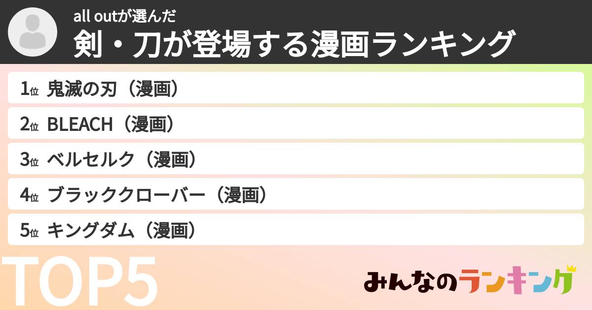 all outさんの「剣・刀が登場する漫画ランキング」