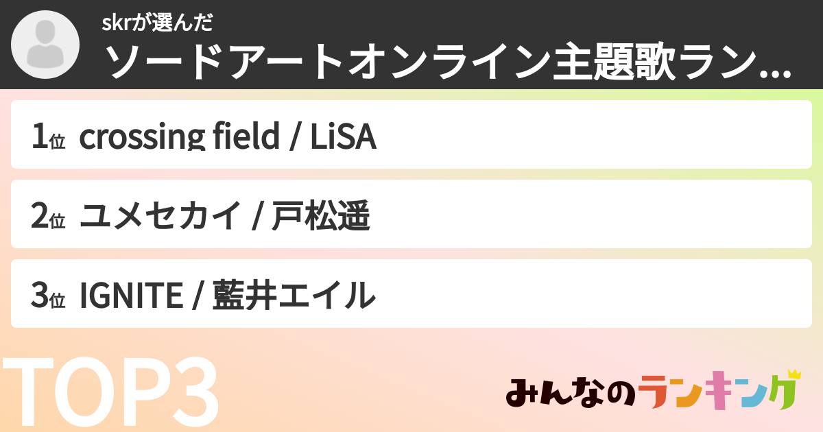 skrさんの「ソードアートオンライン主題歌ランキング」