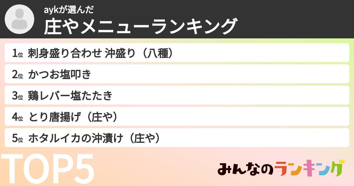 aykさんの「庄やメニューランキング」