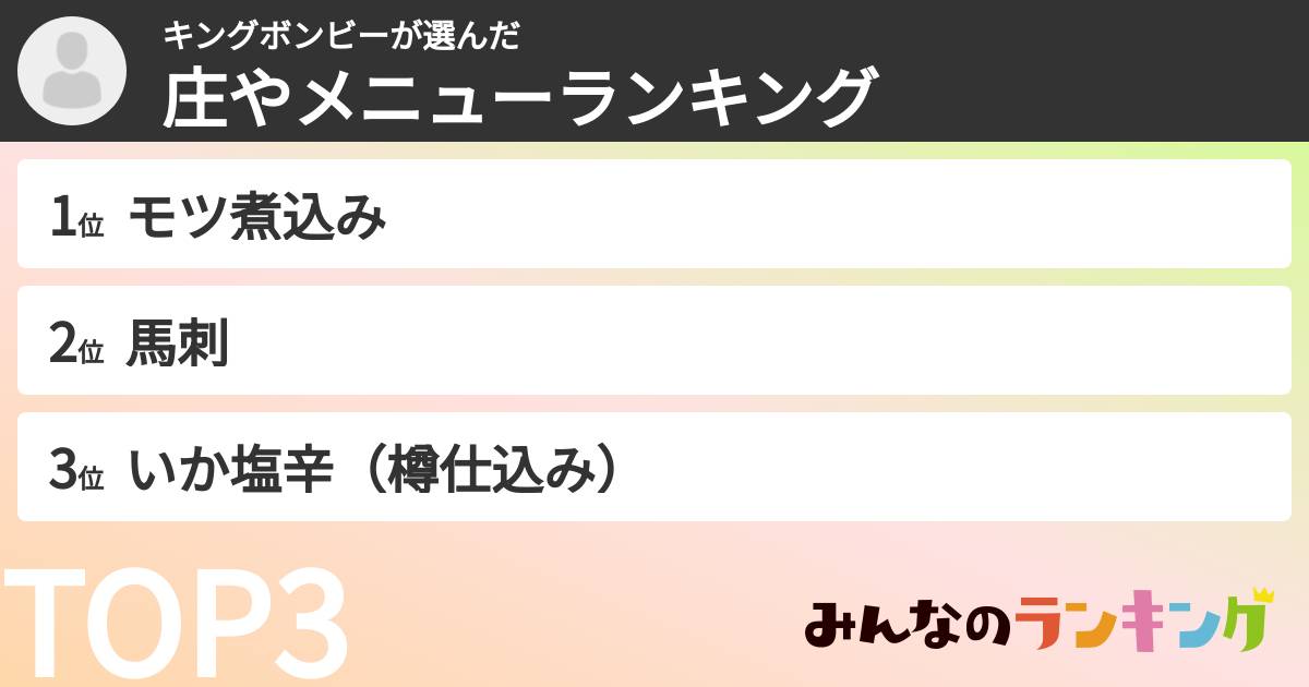 キングボンビーさんの「庄やメニューランキング」