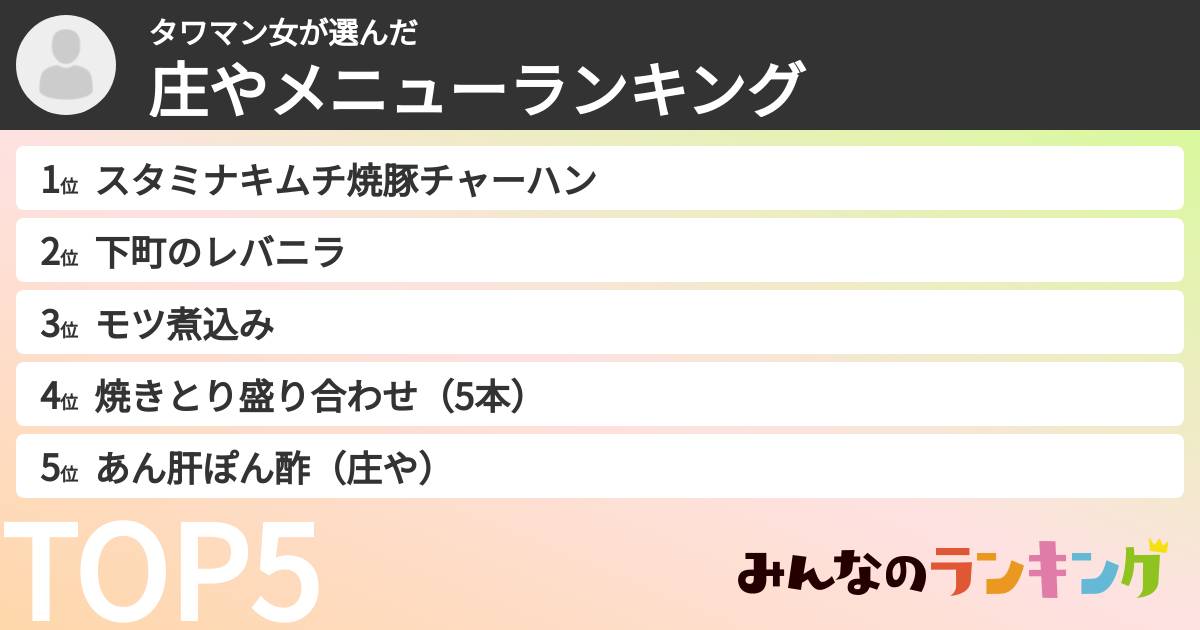 タワマン女さんの「庄やメニューランキング」