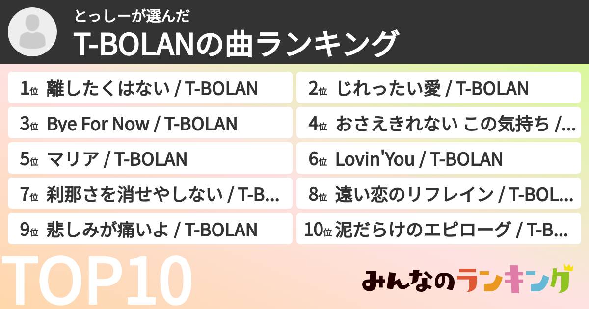 とっしーさんの「T-BOLANの曲ランキング」