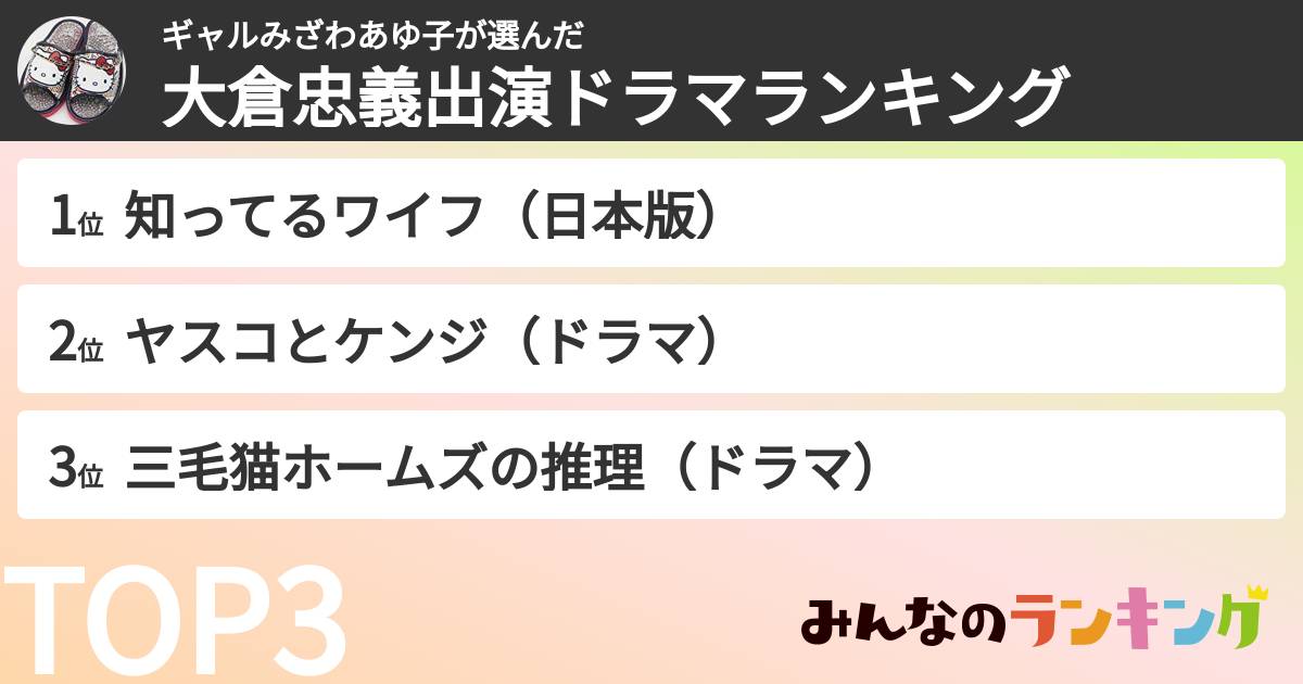 ギャルみざわあゆ子さんの「大倉忠義出演ドラマランキング」