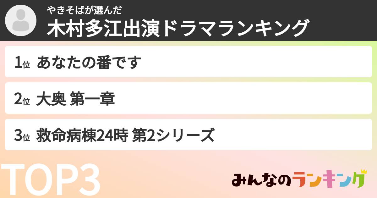 やきそばさんの「木村多江出演ドラマランキング」