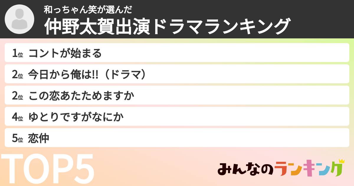 和っちゃん笑さんの「仲野太賀出演ドラマランキング」