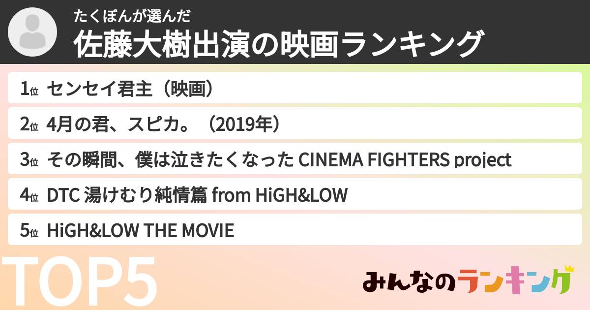 たくぼんさんの「佐藤大樹出演の映画ランキング」