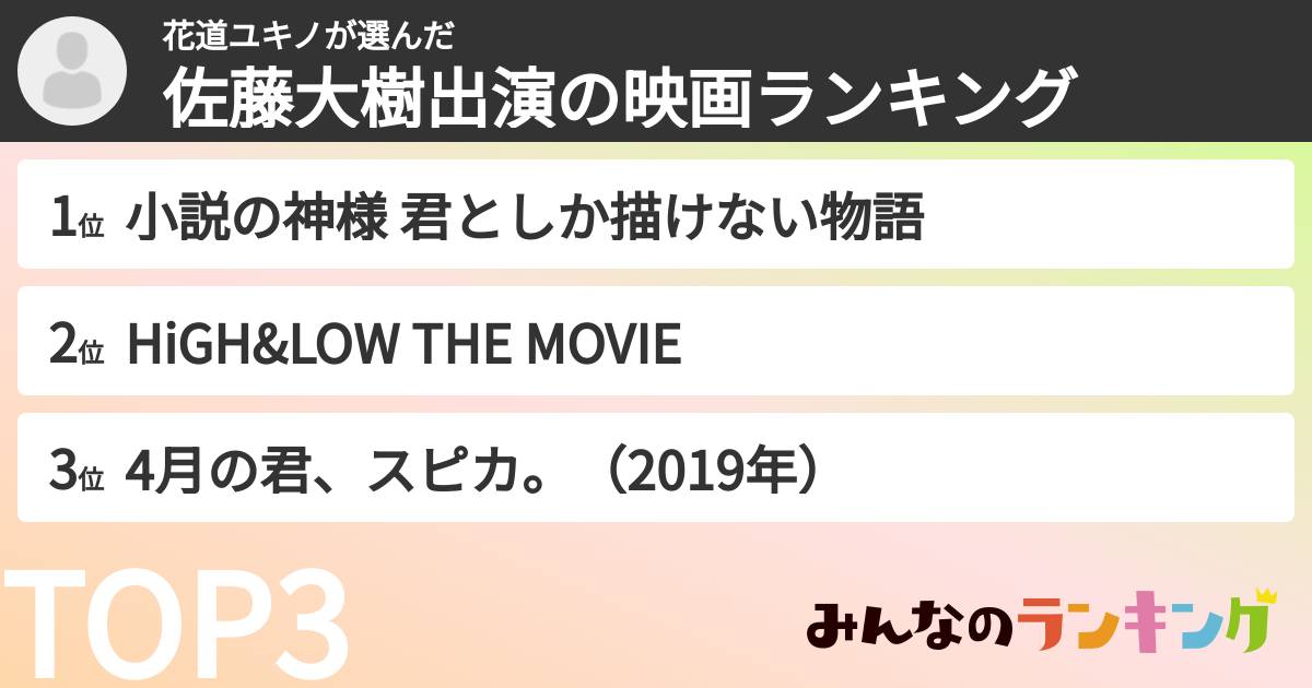花道ユキノさんの「佐藤大樹出演の映画ランキング」