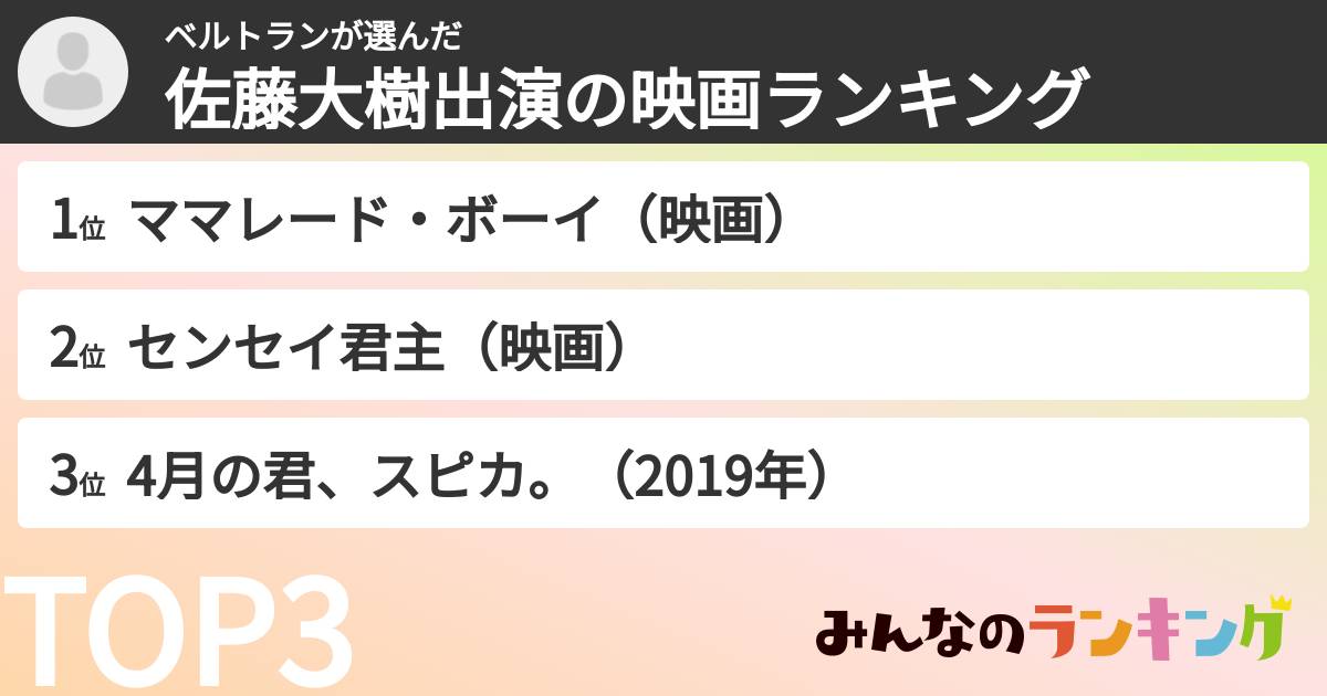 ベルトランさんの「佐藤大樹出演の映画ランキング」