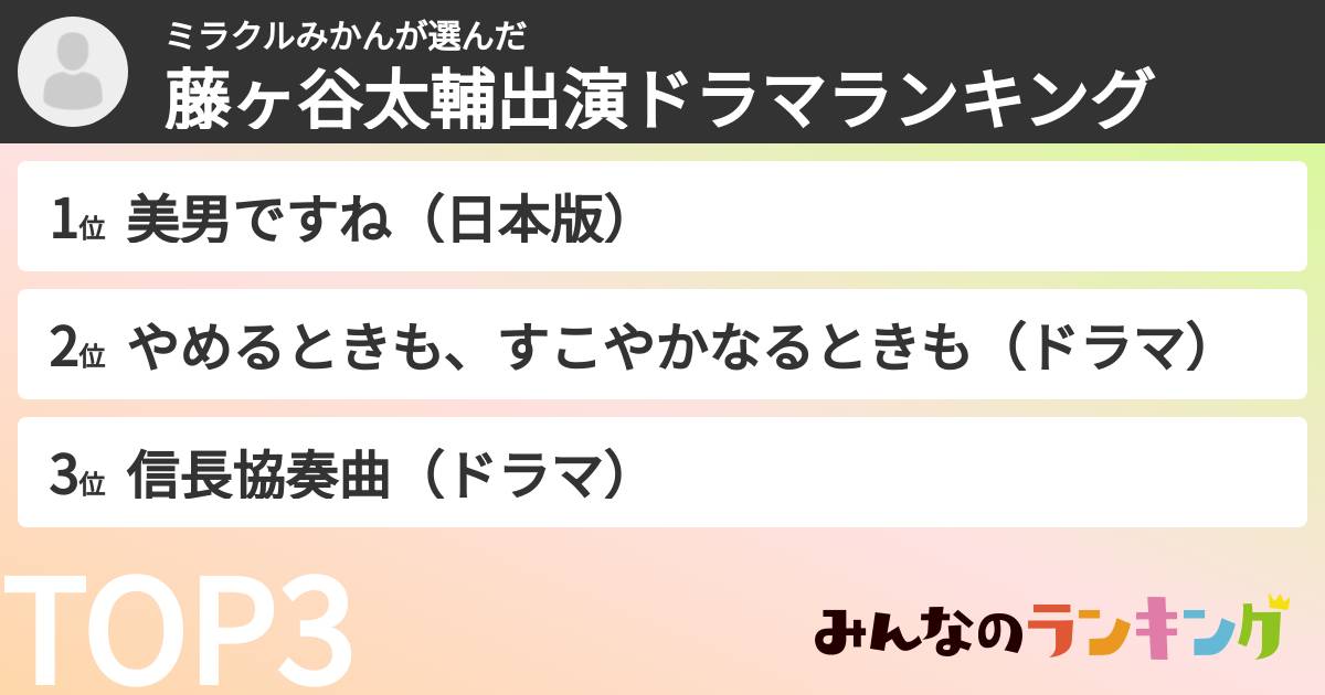ミラクルみかんさんの「藤ヶ谷太輔出演ドラマランキング」