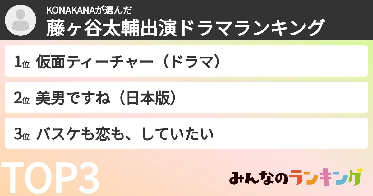 KONAKANAさんの「藤ヶ谷太輔出演ドラマランキング」