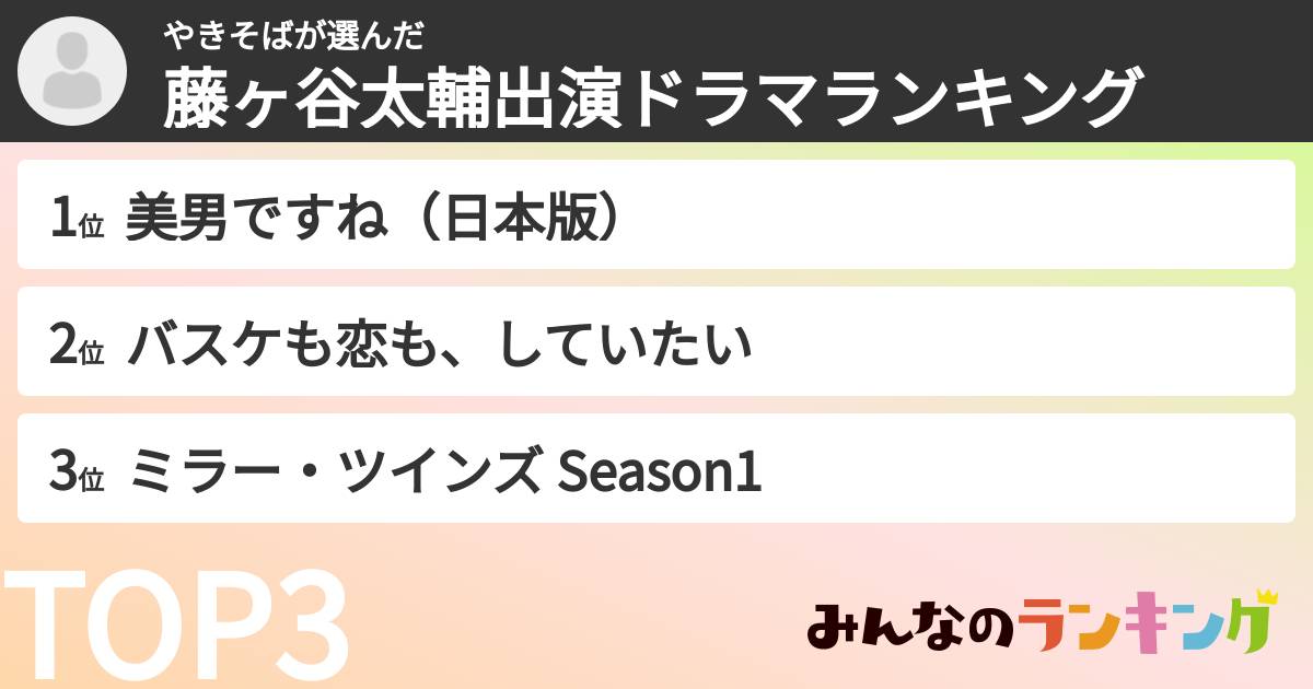 やきそばさんの「藤ヶ谷太輔出演ドラマランキング」